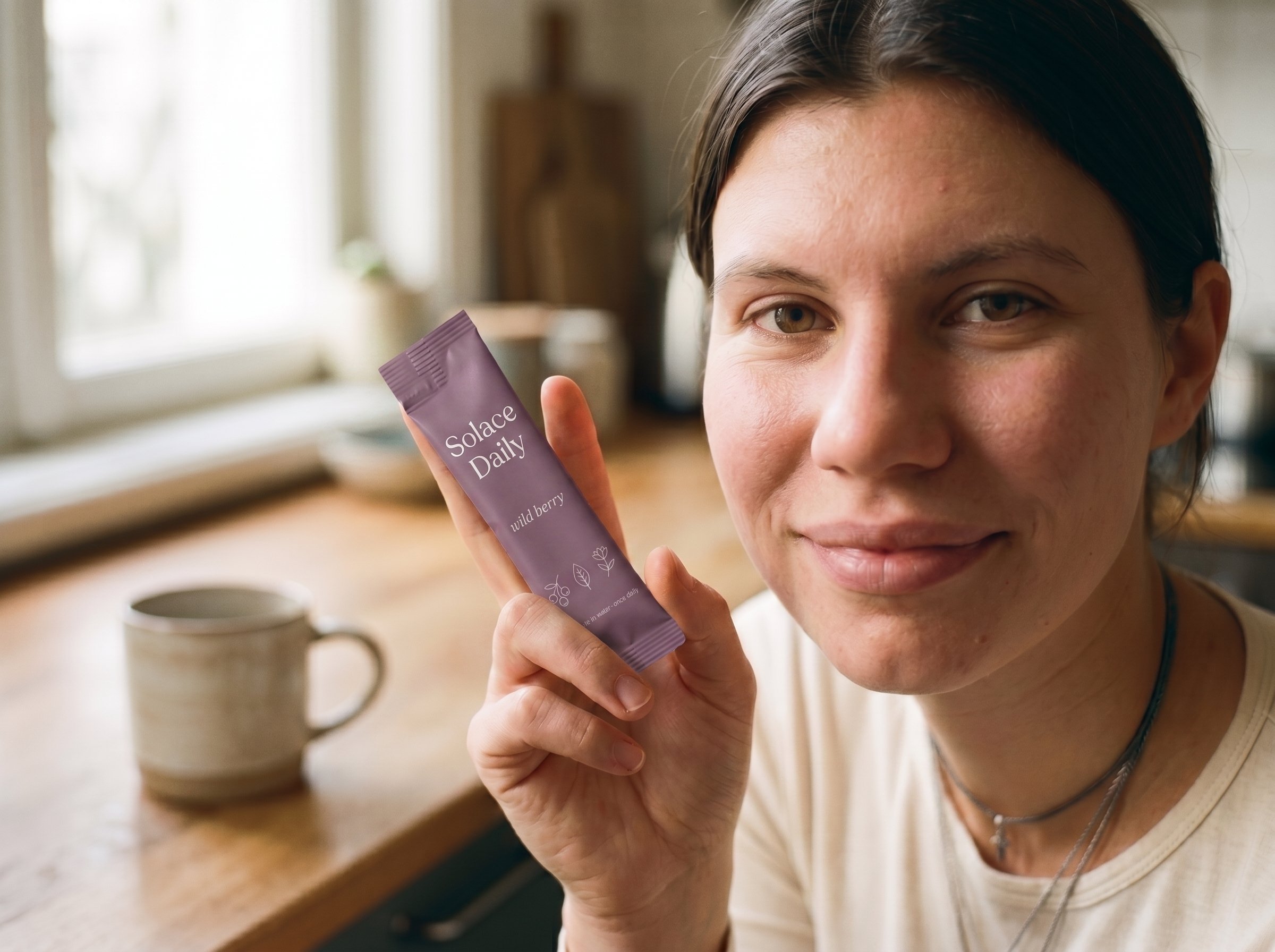 Alice holding Solace Daily wild berry sachet