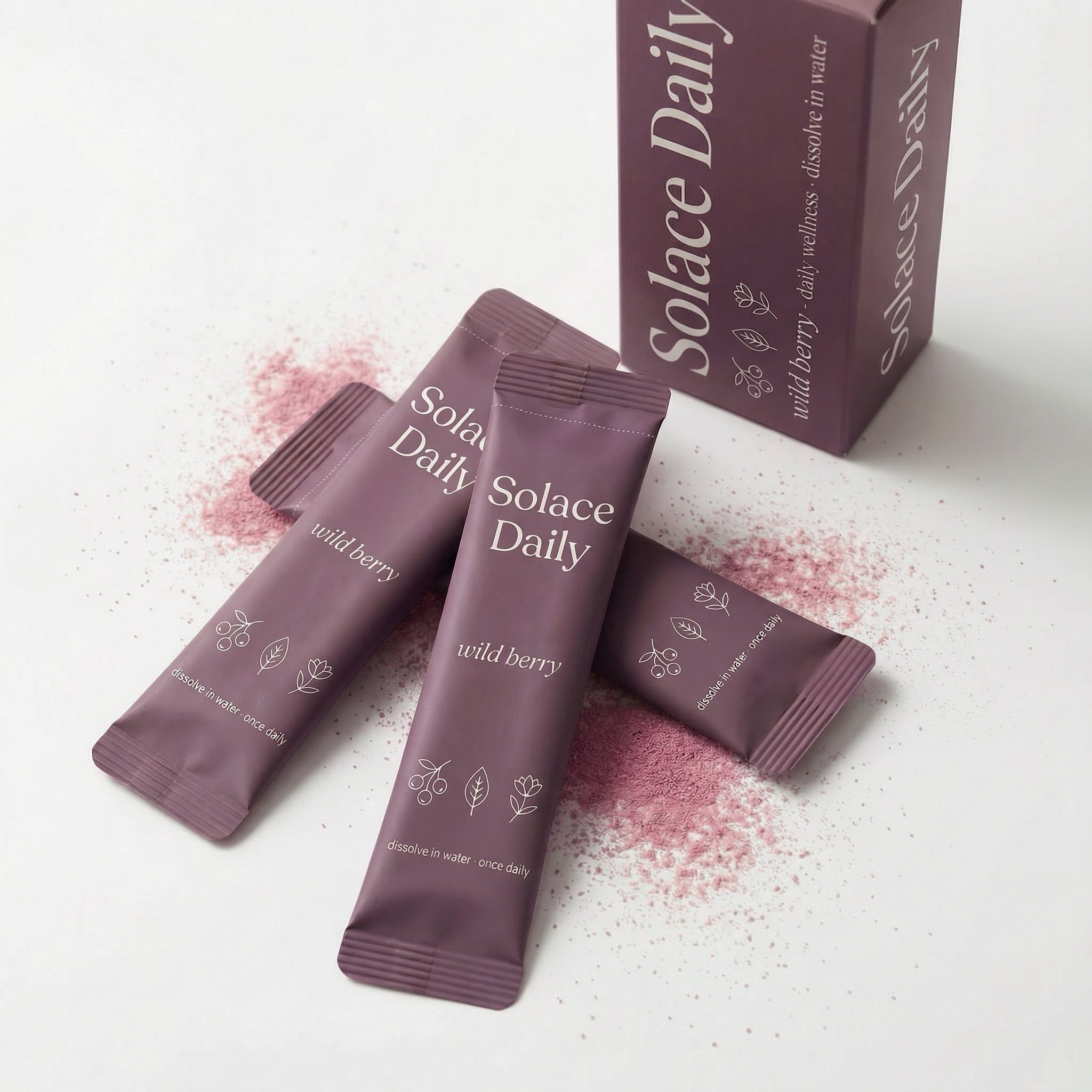 Solace Daily — wild berry sachets and box